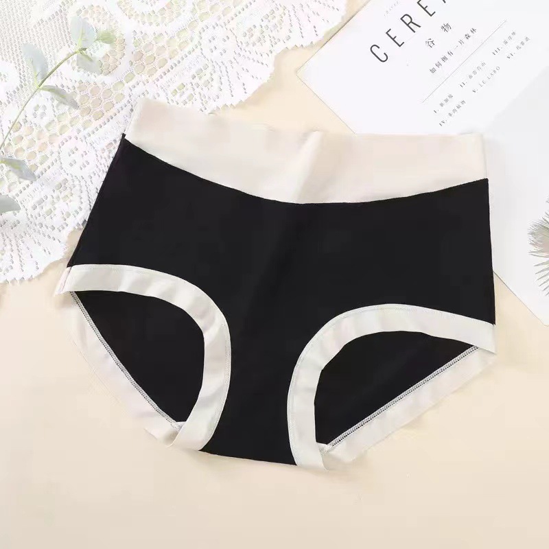 Japanese-Style Color Matching Girl's High Elastic Seamless Underwear Women's Mid-Waist Breathable Comfortable Silk Crotch Hip-Wrapped Contrast Color Briefs