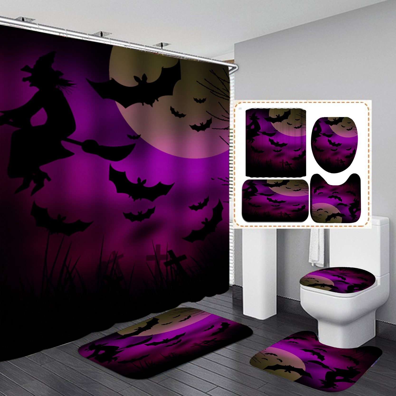 Shower Curtain Set HD Digital Printing Halloween Series Waterproof Punch-Free Partition Curtain Hotel Rain Curtain