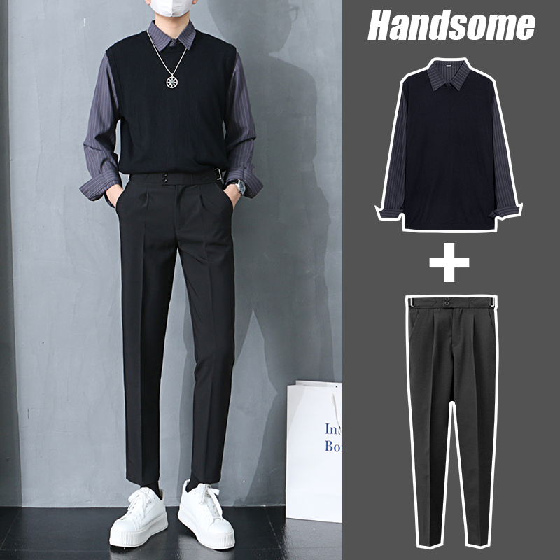 意式那不勒斯西裤高级感男士九分直筒西装裤春秋套装一套帅气搭配