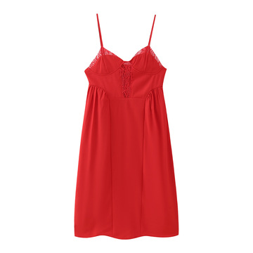 跨境外贸春季新款气质休闲蕾丝拼接收腰吊带红色连衣裙-阿里巴巴