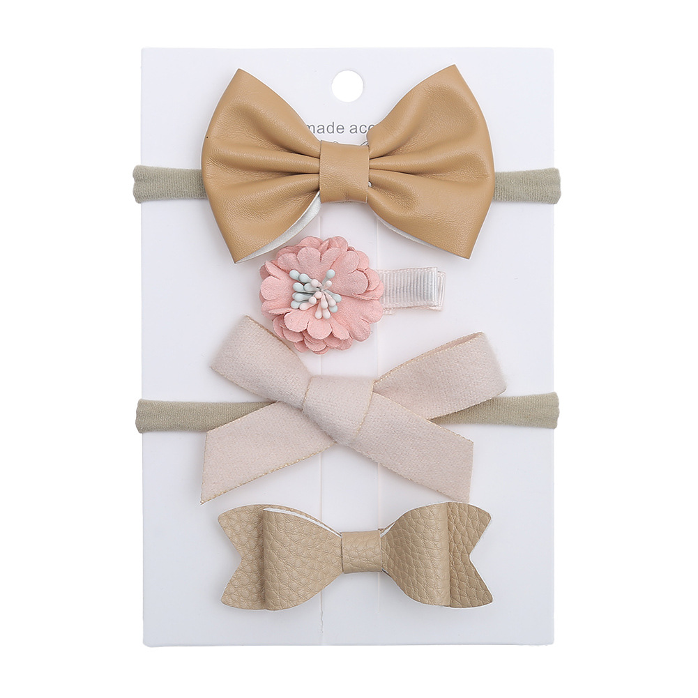 Baby Seamless Nylon Hair Band Set Children's Leather Bow Headband Barrettes Cute Baby Hair Accessories 4-Piece Set