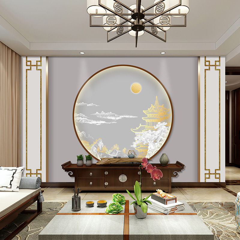 新中式电视背景墙壁纸2022新圆形8d轻奢墙纸3d山水壁画影视墙壁布