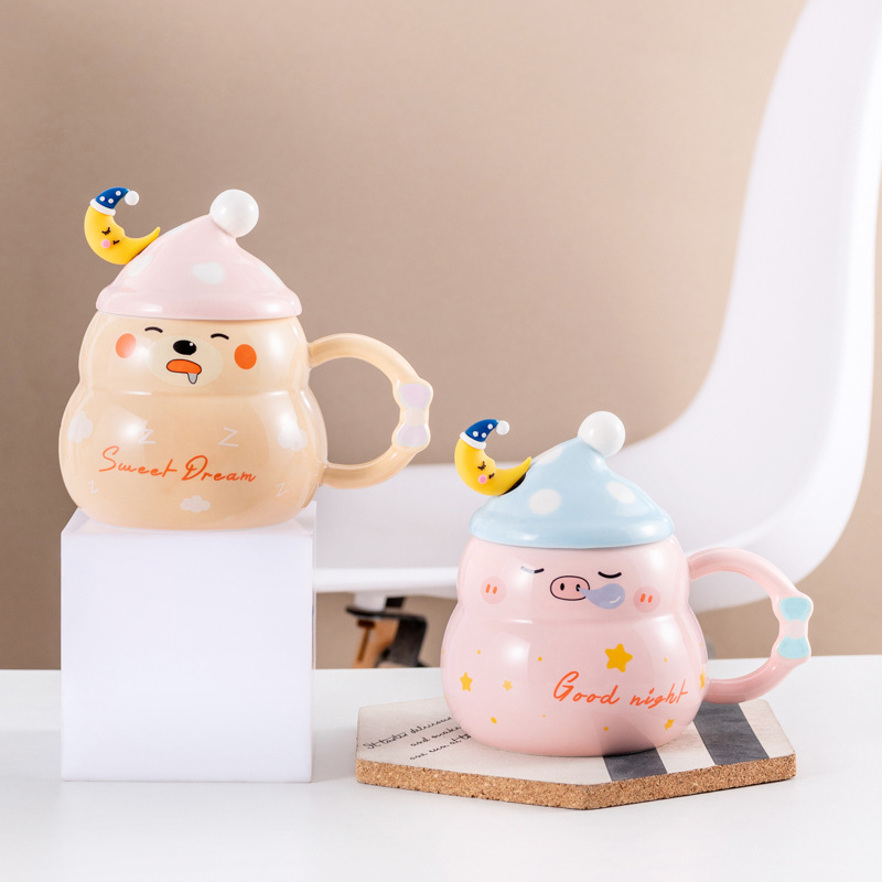 Cute Ceramic Cup Cartoon with Lid Large Capacity Mug Good-looking Ceramic Water Cup Child Drinking Cup Wholesale