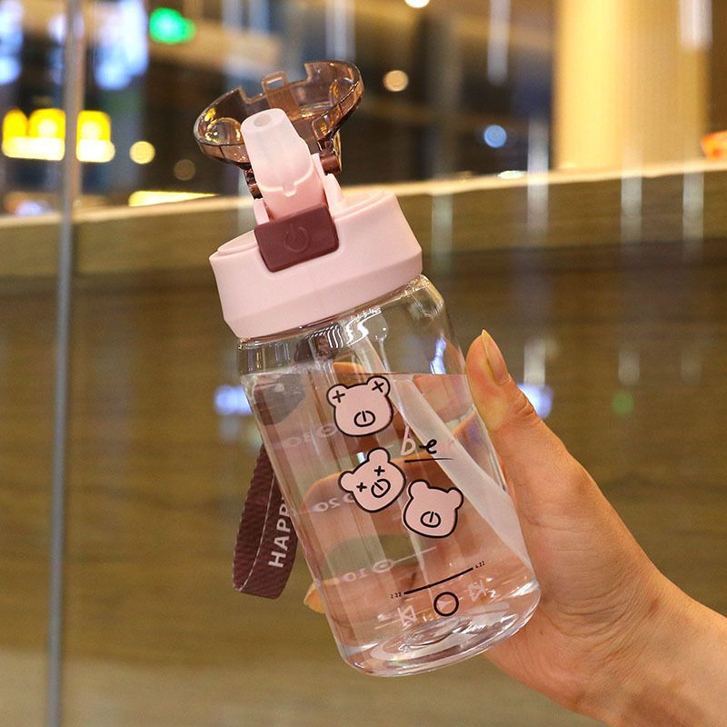 Water Bottle with Rope High-Looking Children's Cute Plastic Water Cup New Student Portable Cup Straw Cup