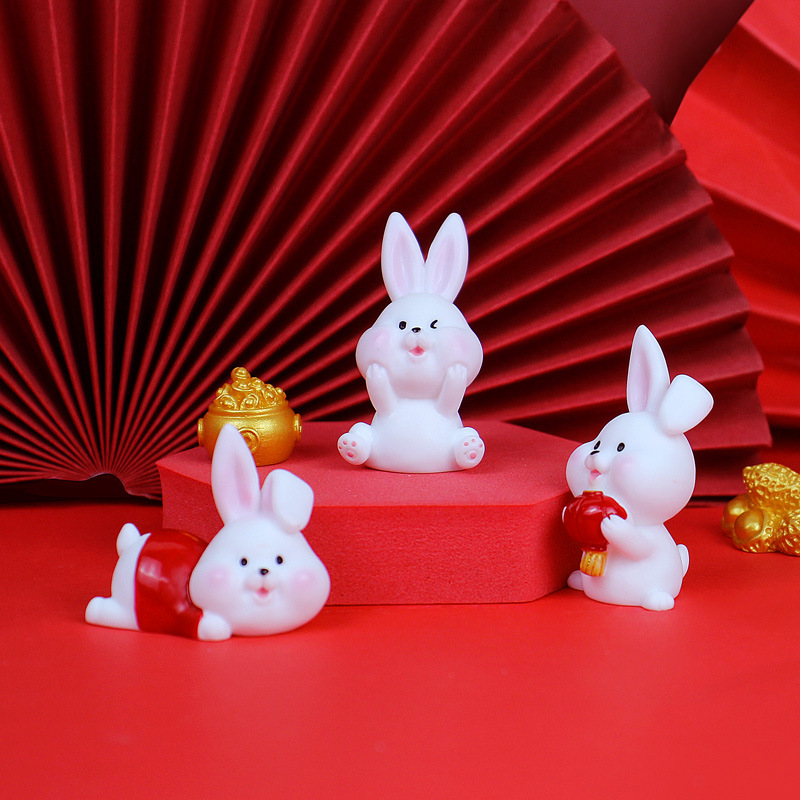 New Year Gift Auspicious Welcome Spring Adorable Rabbit Small Ornaments Creative Home Desktop Decoration Synthetic Resin Crafts Wholesale