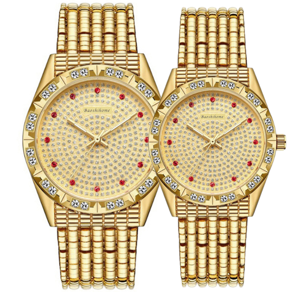 跨境新款镶钻金色情侣手表 红钻满天星礼品表嘻哈金表 抖音现货