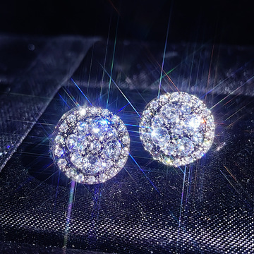 轻奢圆形白色锆石耳钉小饰品批发欧美时尚百搭简约璀璨镶钻耳饰女