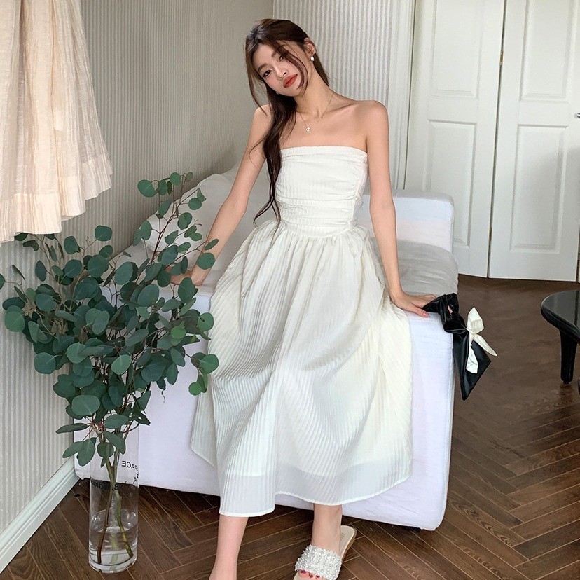 高品质韩版夏装新款优雅气质一字肩抹胸裙辣妹性感中长款连衣裙女