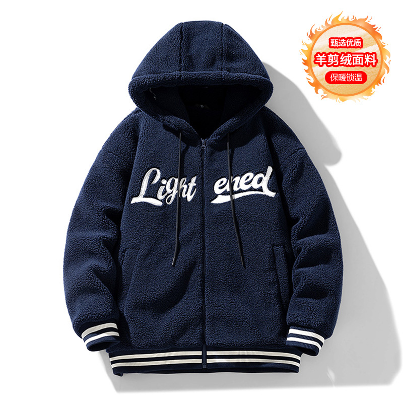 Lamb Wool Men's Cotton Clothes Winter New Fashion Brand Letter Hooded Berber Fleece Cotton Coat Thickened Warm Men's Clothing Coat