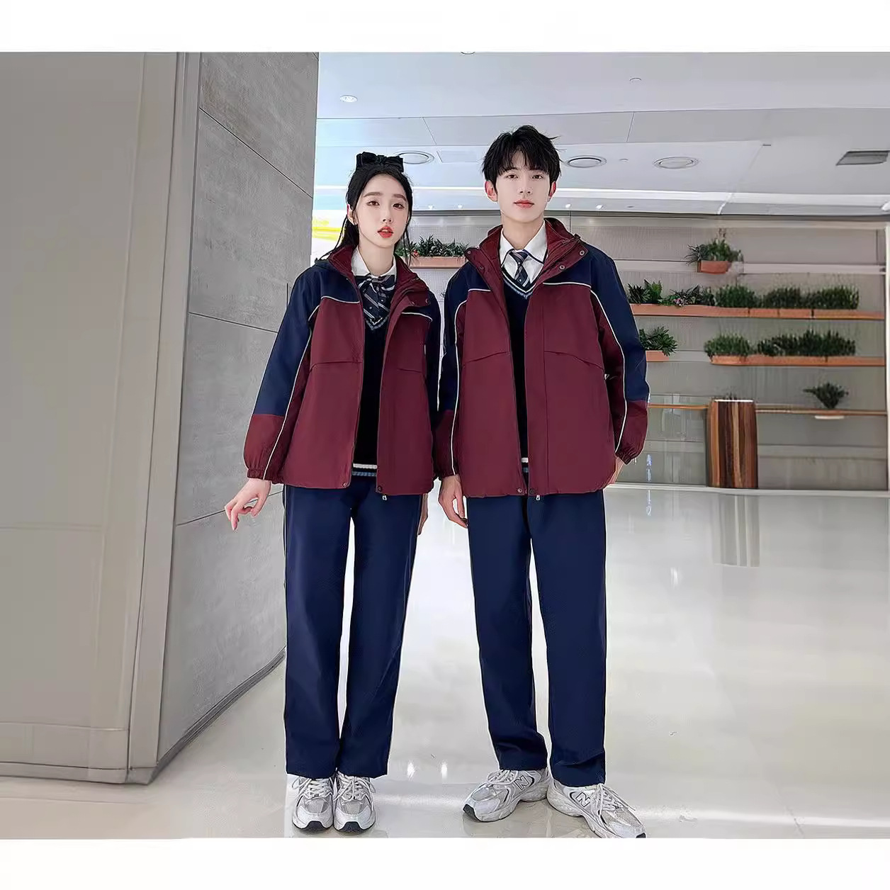 校服冲锋衣中学生三件套秋冬季高中生加厚学院风初中生班服套装