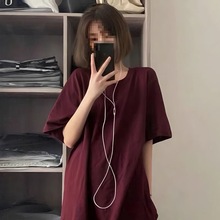 酒红色棉t恤女夏季韩版慵懒风短袖2024新款宽松半袖纯色上衣ins