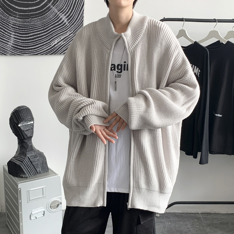 秋冬季纯色高街毛衣男士潮流宽松港风开衫针织衫拉链开