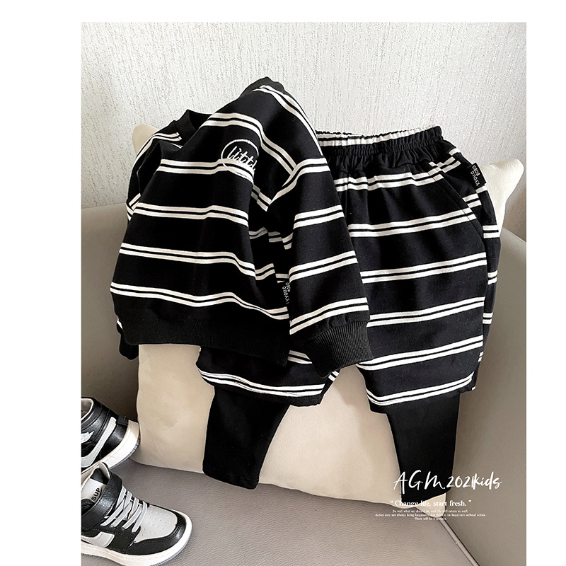 2024 Boys' Striped Suit Baby Fake Two-Piece Sweater Little Sweater Fashion Brand Two-Piece Set Kindergarten Baby Clothes