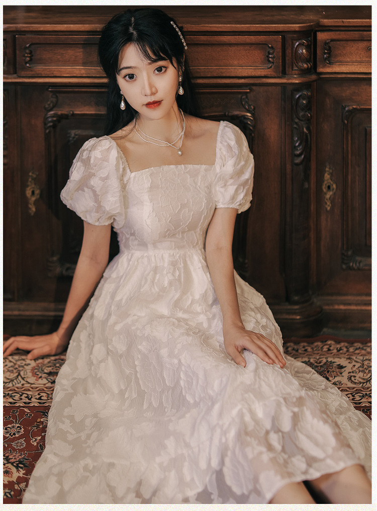 实拍现货 白色提花法式仙女裙蓬蓬裙清新唯美连衣裙