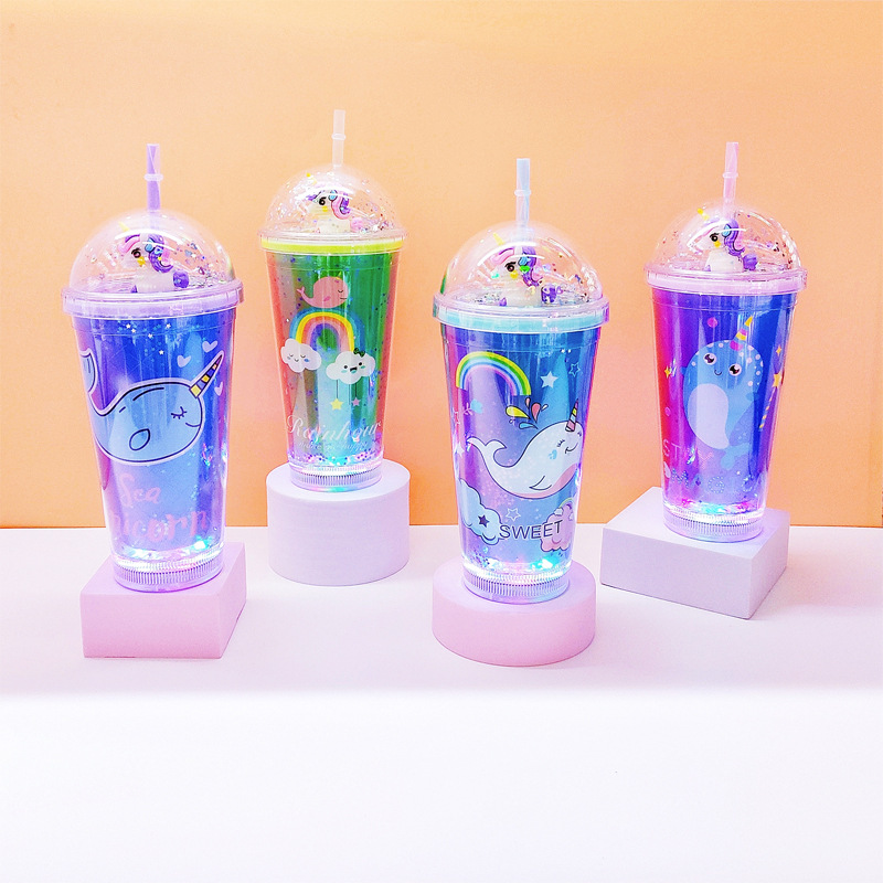 Cross-Border Factory Direct Supply Double Plastic Straw Cup Fashion Creative Rainbow Unicorn Cup