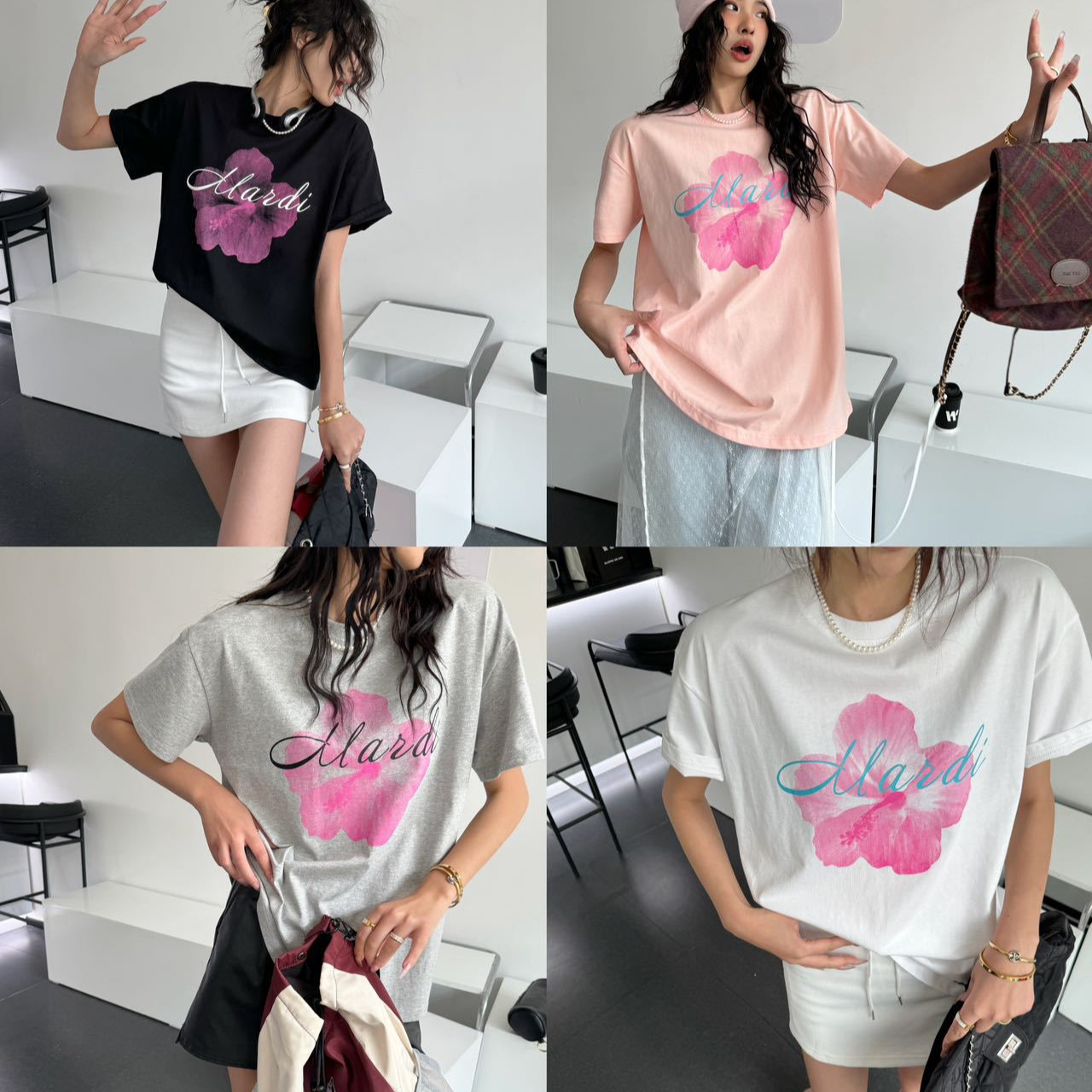 mardi玛尔帝夏季新款短袖女桃花logo印花男女同款宽松韩版潮牌t恤