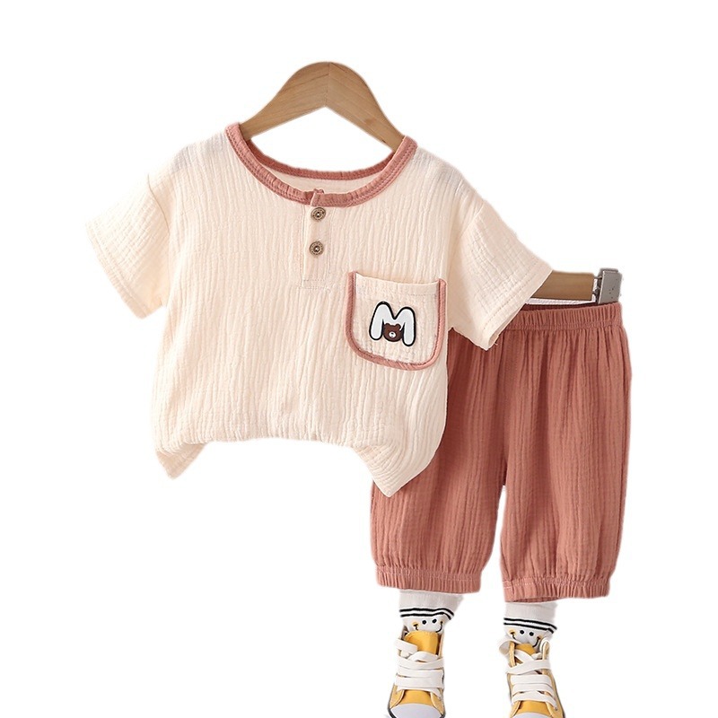 2024 New Children's round Neck Short Sleeve Suit Girls' Summer Clothes Boys' Korean Style Shorts Breathable Women's Baby Clothes