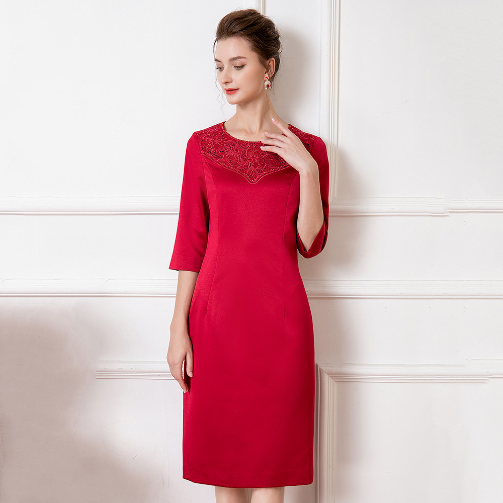 深圳高端婚庆大码女装胖妈妈婚宴礼服秋冬新款醋酸连衣裙一件代发