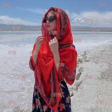 青海云南旅游红色民族风披肩女夏季外搭丝巾海边沙滩纱巾
