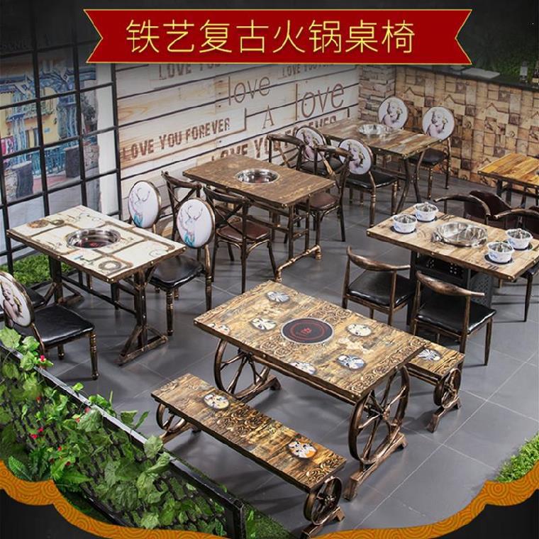 麻辣烫店桌椅火锅店用桌子套装中餐厅桌椅板凳餐饮经济型餐桌圆桌