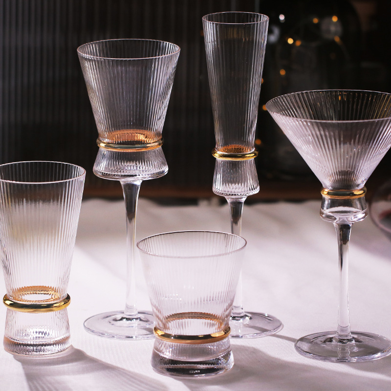 Vertical Grain Gold Waistline Goblet Champagne Glass Cocktail Glass Vertical Grain Water Cup Set Electroplated Gold Creative Wine Ware