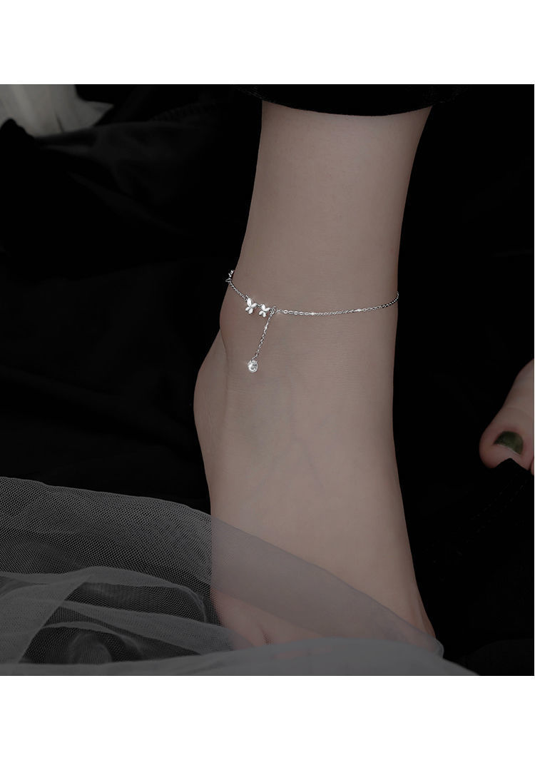 925纯银闪钻蝴蝶脚链女新款ins性感网红脚链仙气潮超仙网红银脚链