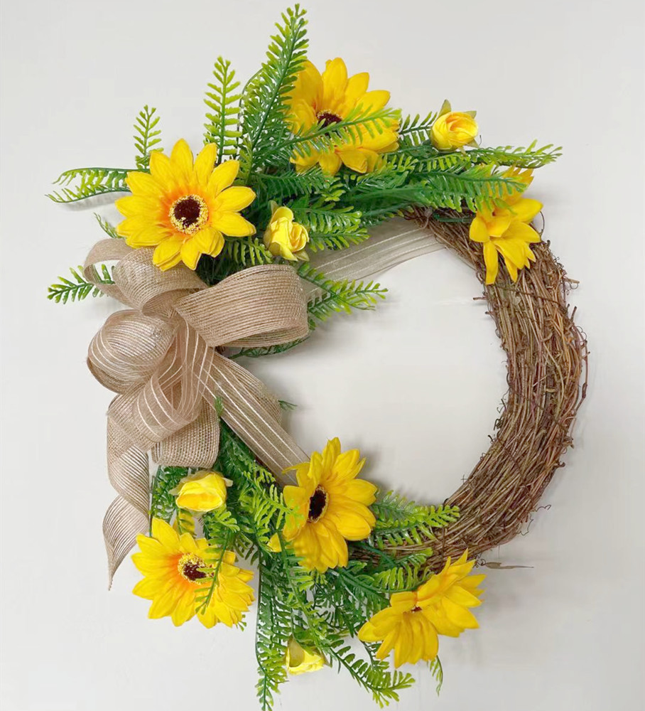 跨境新款向日葵花环秋天藤圈花环墙挂向日葵花环门挂件