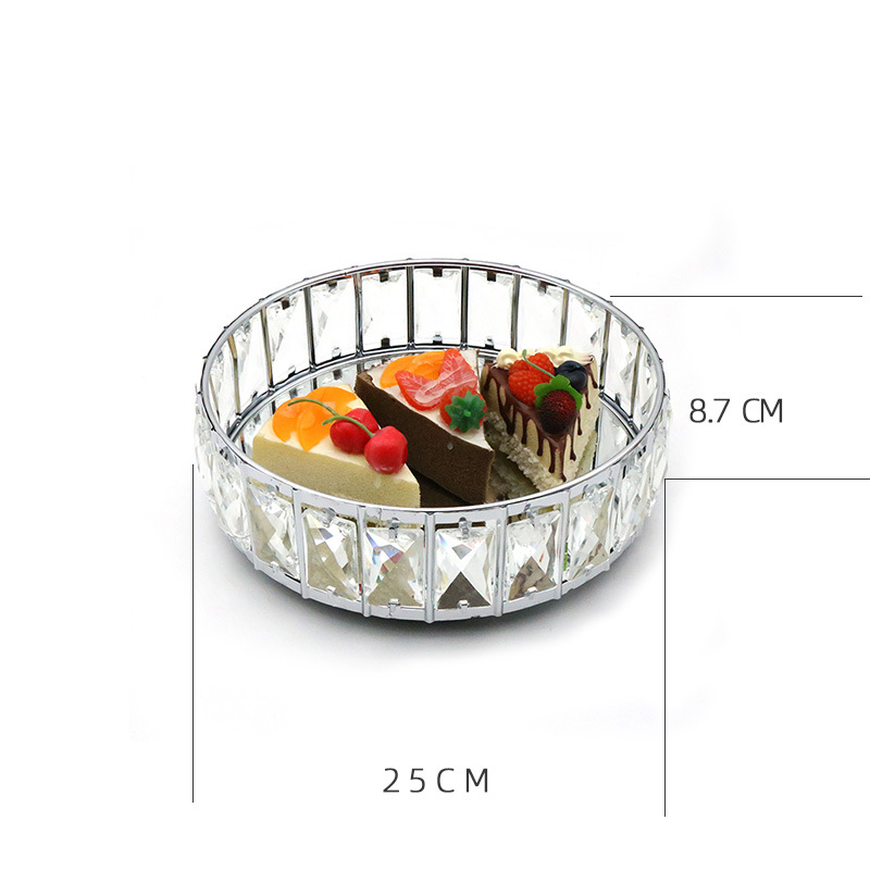 European-Style Simple Mirror Metal Tea Table Tray Crystal Glass Decorative Plate Jewelry Plate Silver round Living Room Decoration