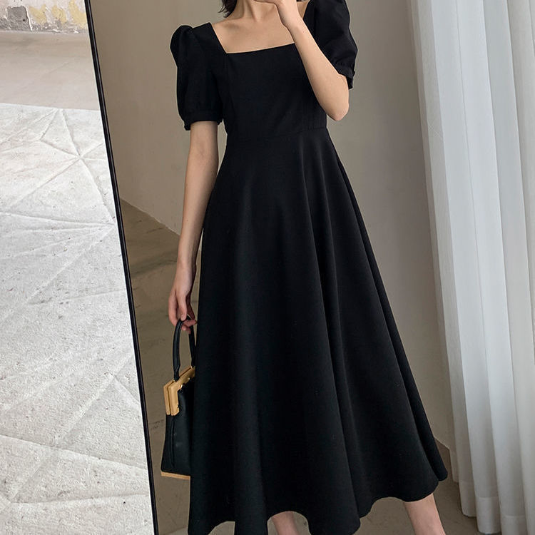 Dress 2023 Summer New Ins Tea Dress Elegant Boat-Neck Overknee Long Hepburn Style Plump Girls Black Dress