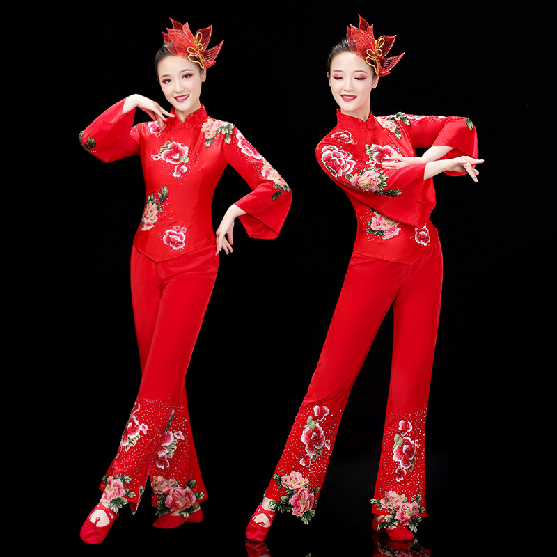 秧歌服演出服女中老年舞蹈服装九儿东北喜庆红色广场舞套装腰鼓服