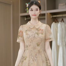 新中式时尚优雅大气秀色牡丹连衣裙M-4XL杏色其他文艺复古