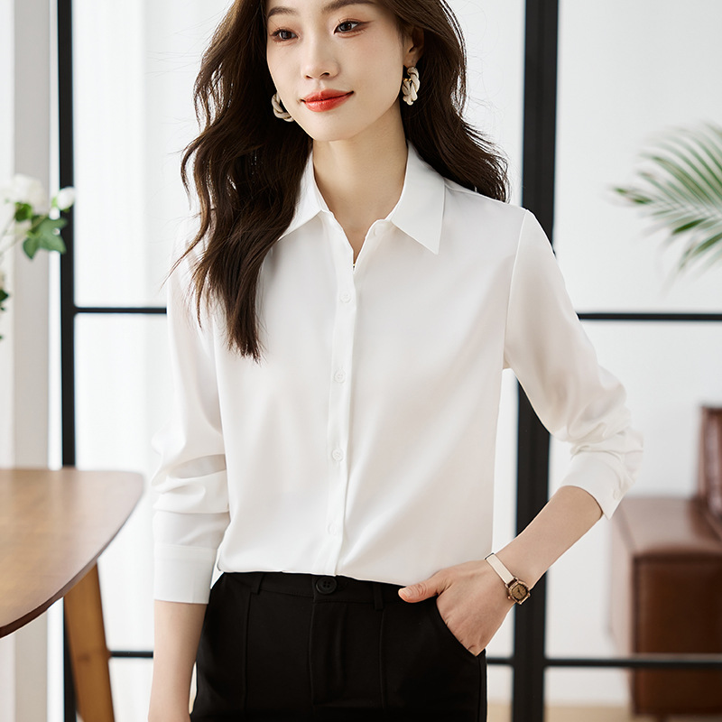 实拍2024春简约感缎面衬衫女职业面试衬衣设计感小众上衣-阿里巴巴