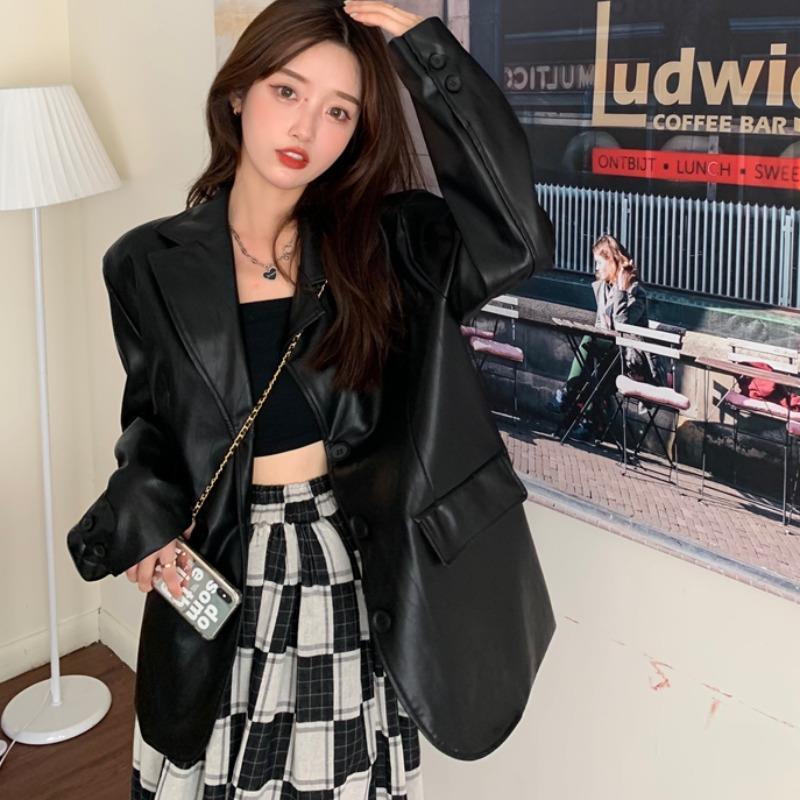 黑色chic西装外套机车pu皮衣女士春装2023年新款上衣长袖休闲外套