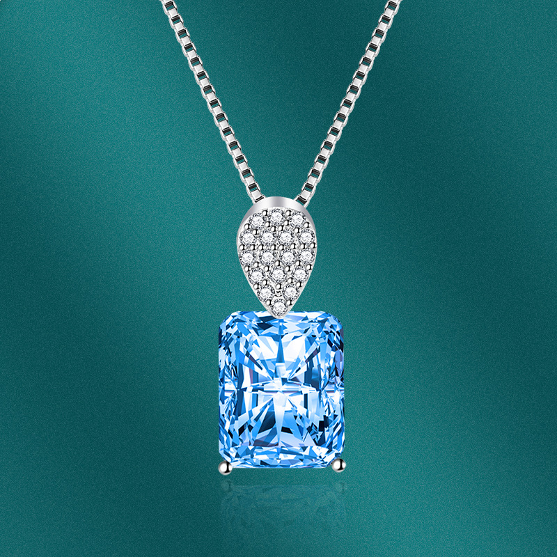 日韩气质方形蓝宝石镶嵌锆石彩宝吊坠女粉钻锁骨链项链首饰品批发