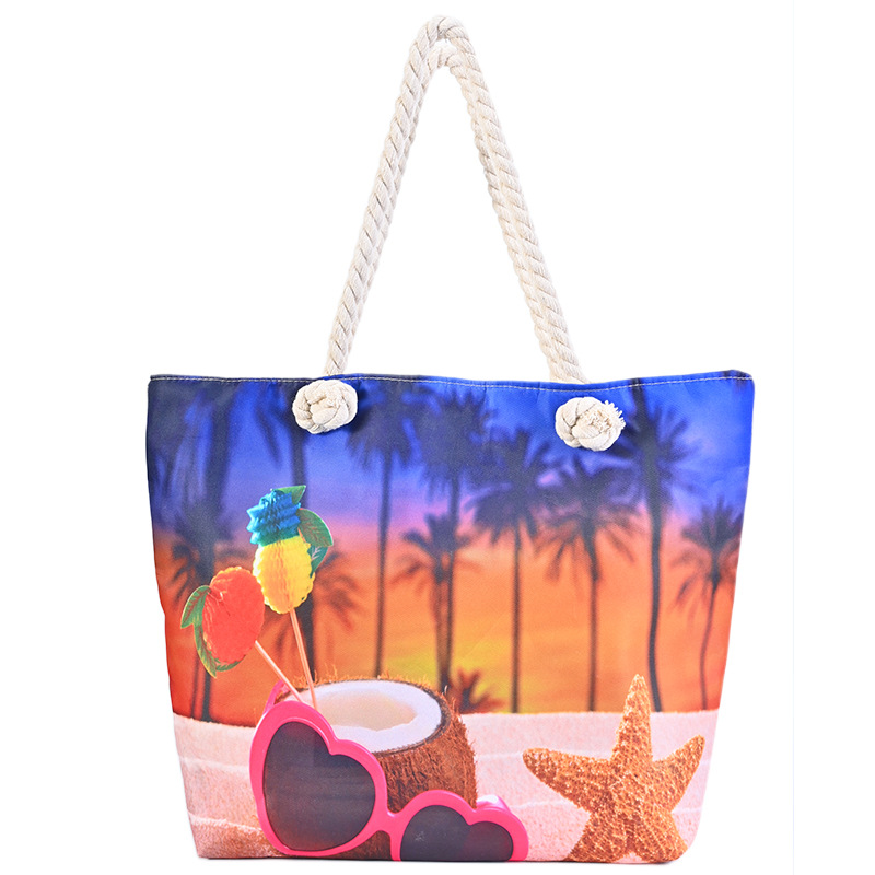 Foreign Trade Hot Selling Ladies Beach Bag Large Capacity Canvas Bag Number Printing Seaside Shoulder Bag Cotton String Handbag in Stock