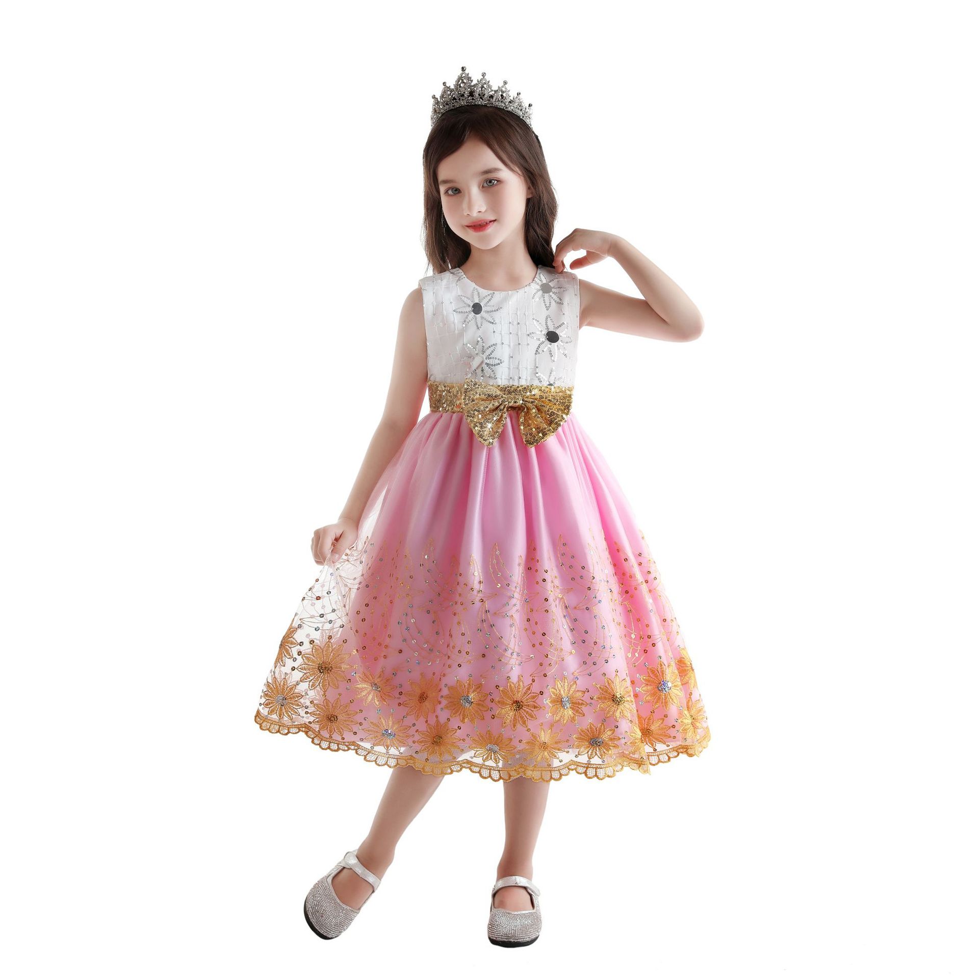 2021小女孩绣花连衣裙女童亮片公主裙蝴蝶结欧美花童婚纱礼服童装