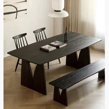 北欧实木餐桌小户型公寓客厅M字型创意饭桌诧寂风黑色长条餐桌椅