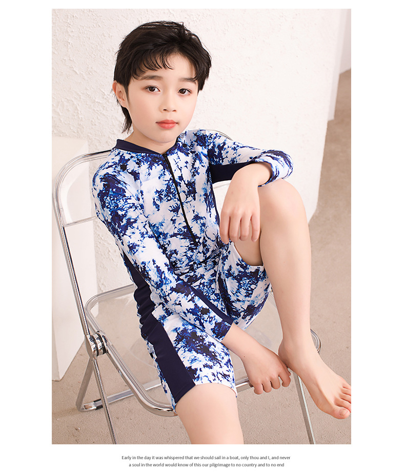 男孩儿童泳衣泳裤印花男童连体长袖短裤防晒保暖小中大童宝宝泳装