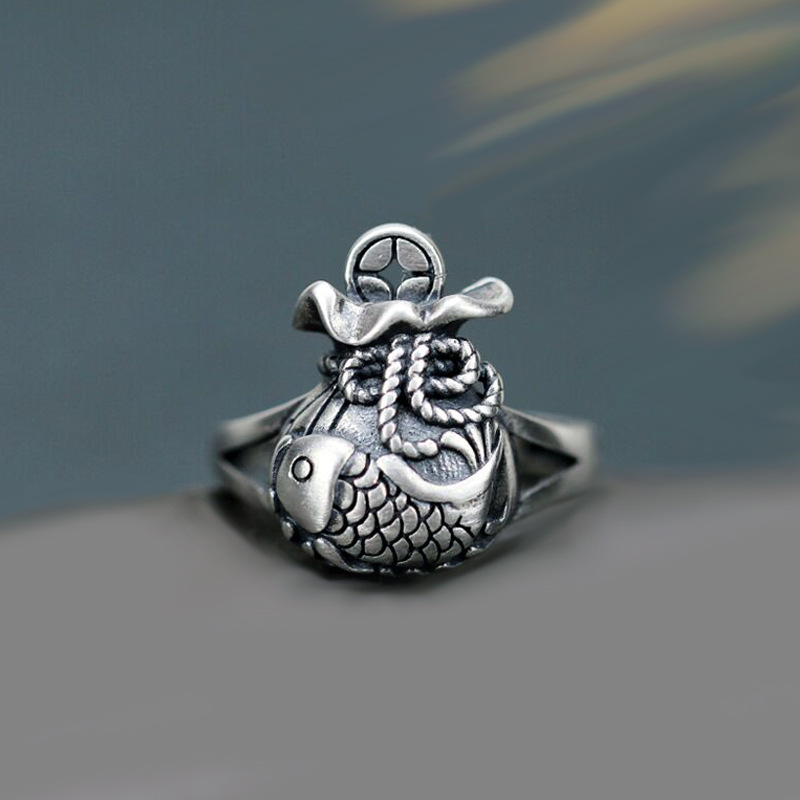 鲤鱼福袋铜钱戒指泰银做旧气质个性小鱼锦鲤开口食指环电商货源