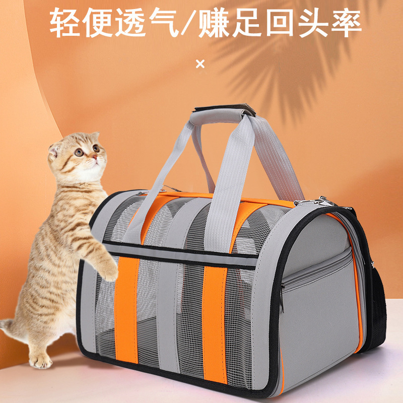 新款猫包外出折叠便携手提猫笼纱网透气条纹简约单肩宠物背包批发