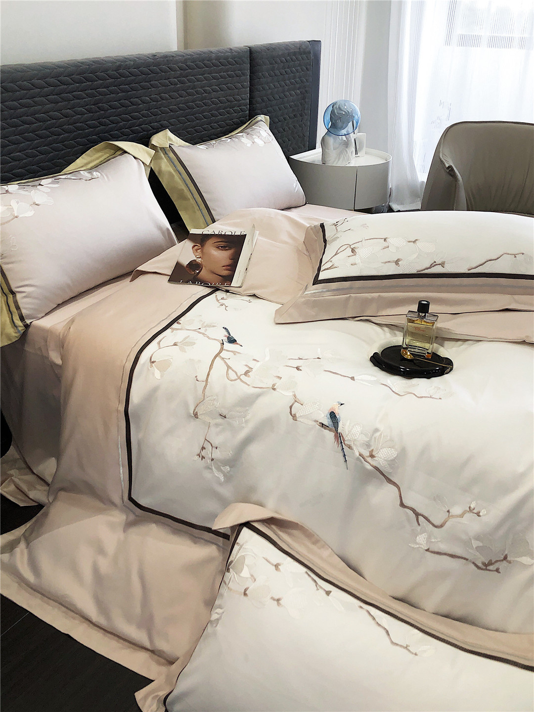 Modern New Chinese Style Traditional Embroidery Thai Latex Bedding High-End Pure Cotton Long-Staple Cotton Four-Piece Home Textile Flower and Bird Mountain Residence