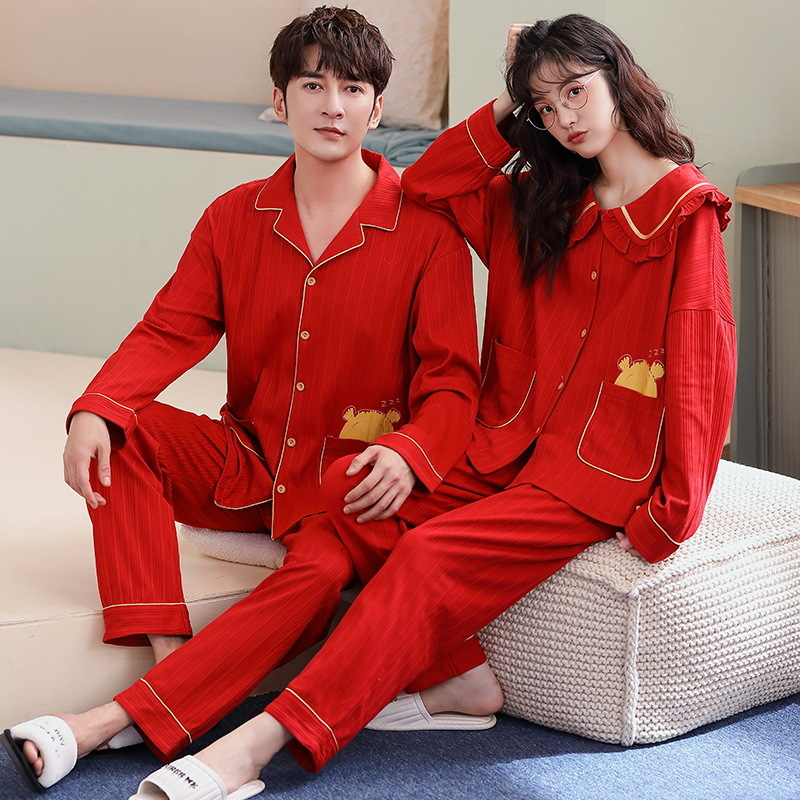 Spring and Autumn Sweet Cotton Couple Pajamas Cardigans for Men and Women Red Festive Wedding Clothes Suit for Men