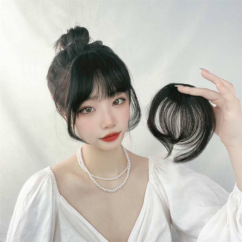 刘海假发女仿真黑色空气刘海带鬓角修脸假发片厂家批发自然齐刘海