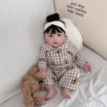 韩国婴幼儿韩版格子家居服套装宝宝卡通小熊儿童纯棉秋衣秋裤套装