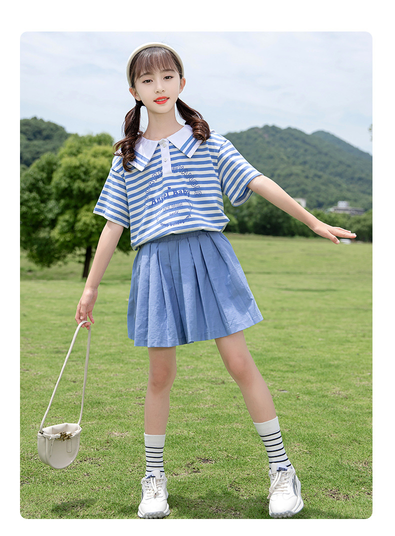 初中生女中童夏装夏季纯棉jk女童百褶裙套装网红洋气女大童套装夏