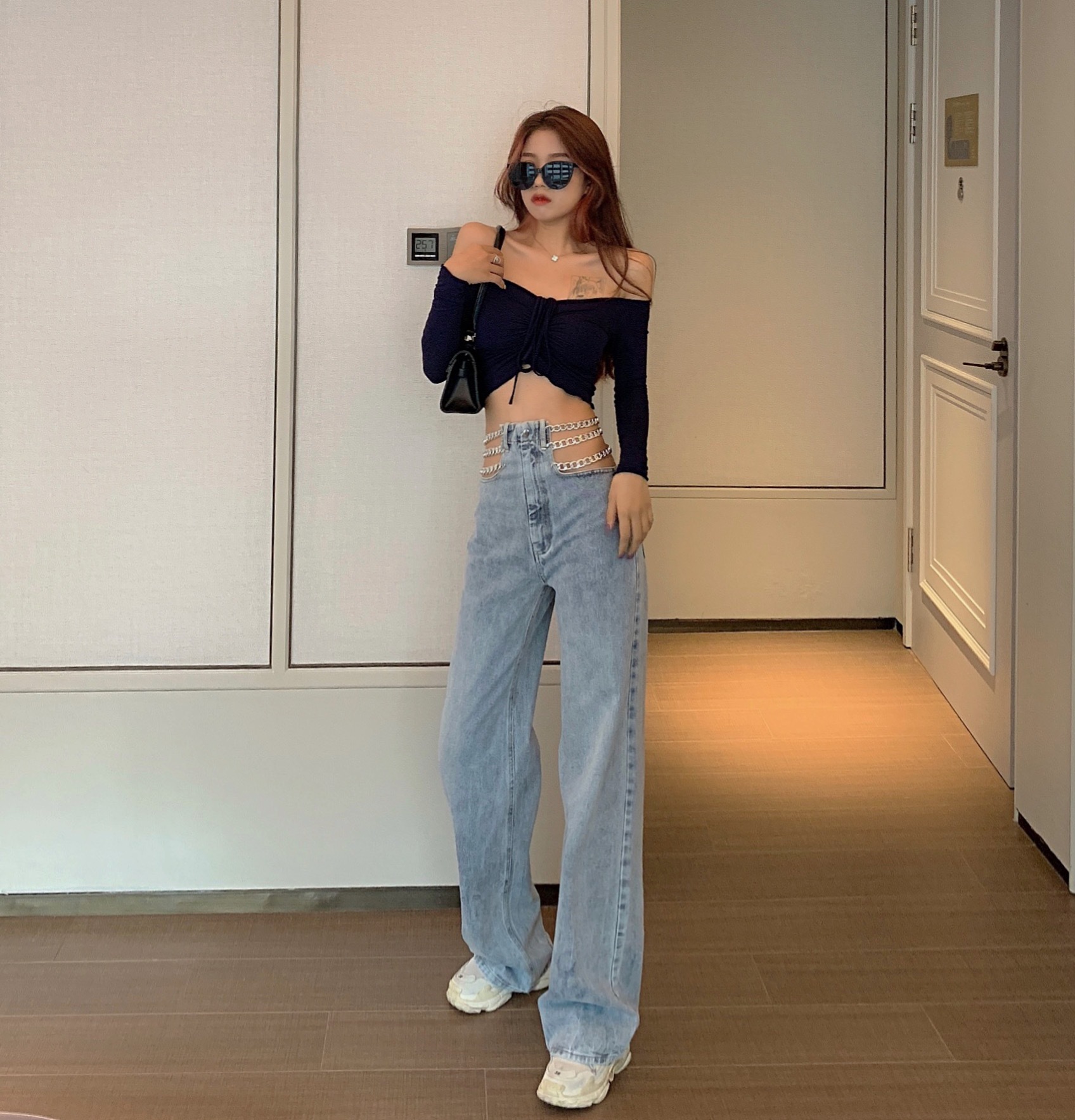 辣妹铁链镂空链条牛仔裤女高腰垂感直筒宽松显瘦设计感裤子阔腿裤