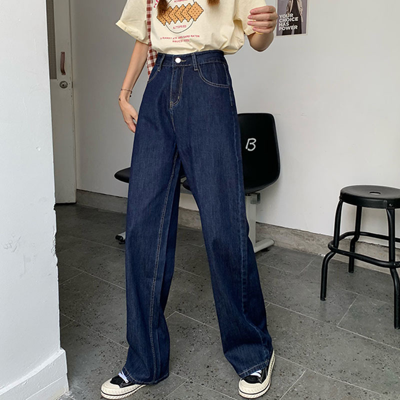   Chic Hong Kong Style Retro Dark Blue High Waist Jeans Women's oose Slimming and Straight Wide-eg Draggle-Tail Trousers Pants Summer