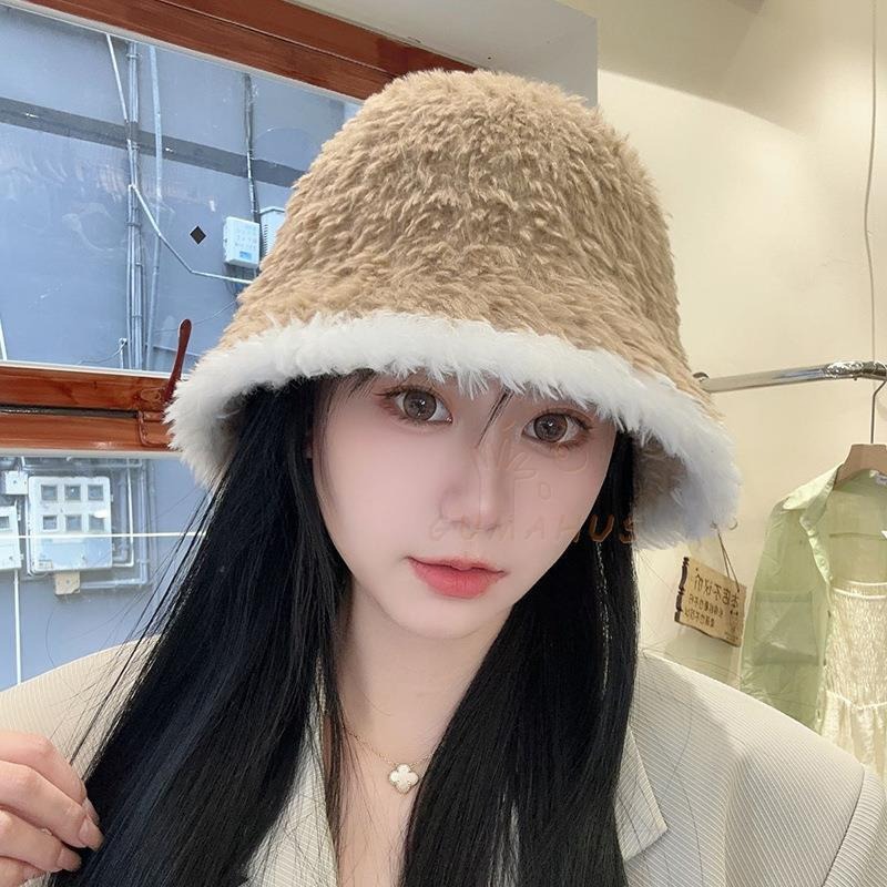 fisherman hat women‘s autumn and winter new style face-looking small plain bucket big head circumference plush warm knitted basin hat