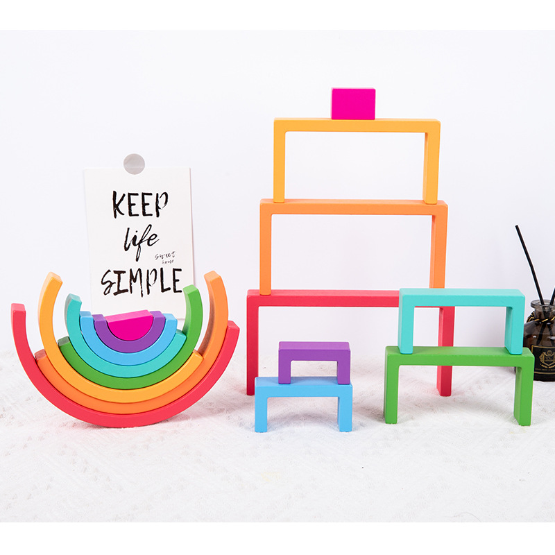跨境爆款彩虹形状积木拱形小人组合儿童益智七彩半圆玩具叠叠乐
