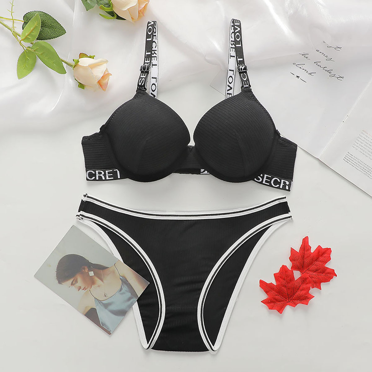 Cross-Border European and American Sexy Lingerie Set Xiaoli Zimei Back Push up Adjustable Letters Strap Bra Wholesale Foreign Trade
